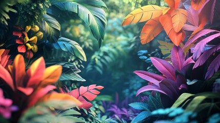 Vibrant Tropical Oasis with Bursts of Color in Lush Vegetation