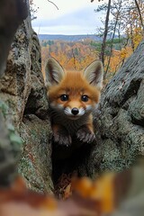 A small red fox peeking out of a hole in a tree