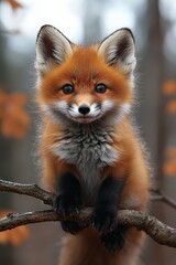 Fototapeta premium A small red fox sitting on a tree branch