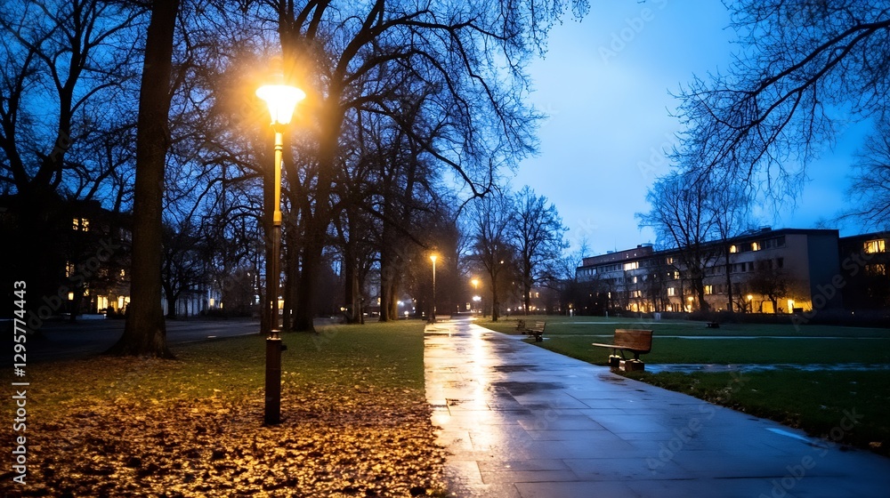Poster illuminated park pathway at night surrounded by trees and city lights : generative ai