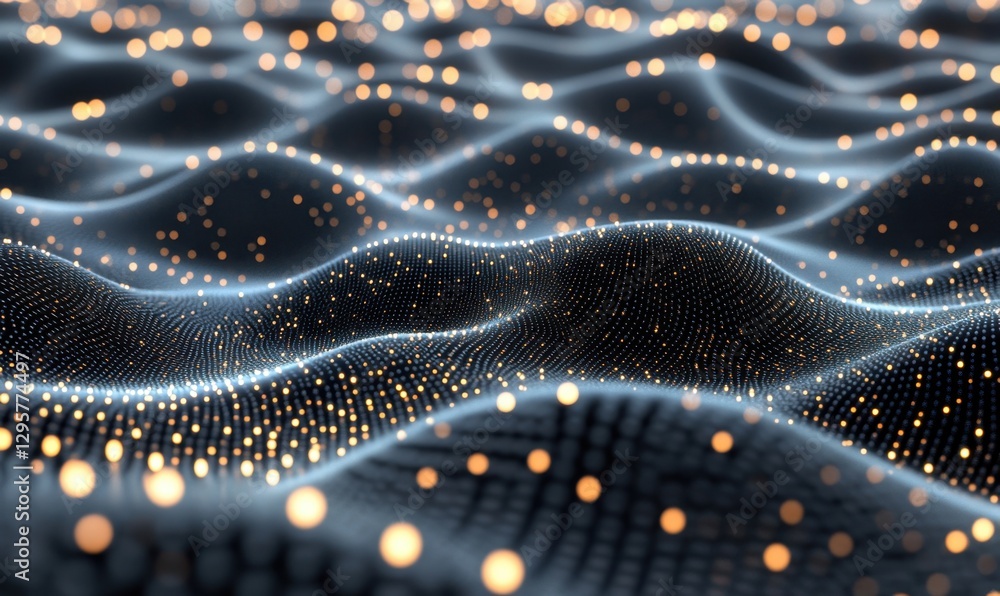 Poster Abstract glowing particle waves digital background for technology visualization