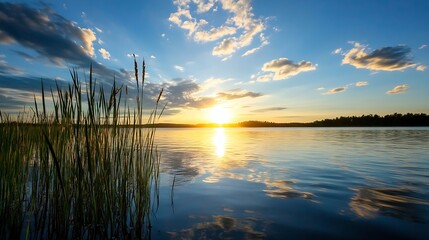 Serene Sunset Over Calm Water with Reflections and Grassy Foreground : Generative AI