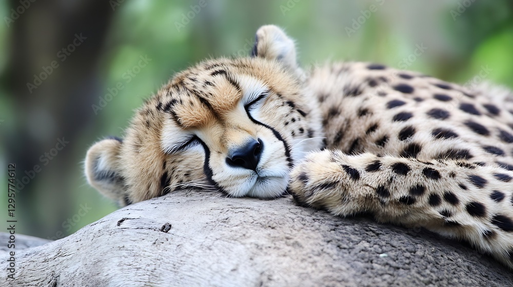 Poster cute cheetah cub sleeping peacefully on a log in the wild : generative ai
