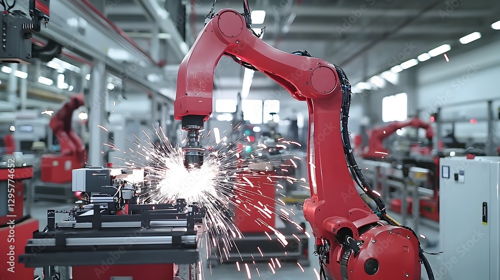 Aufkleber cinematic shot of an automated welding robot in an industrial factory with bright sparks flying in a