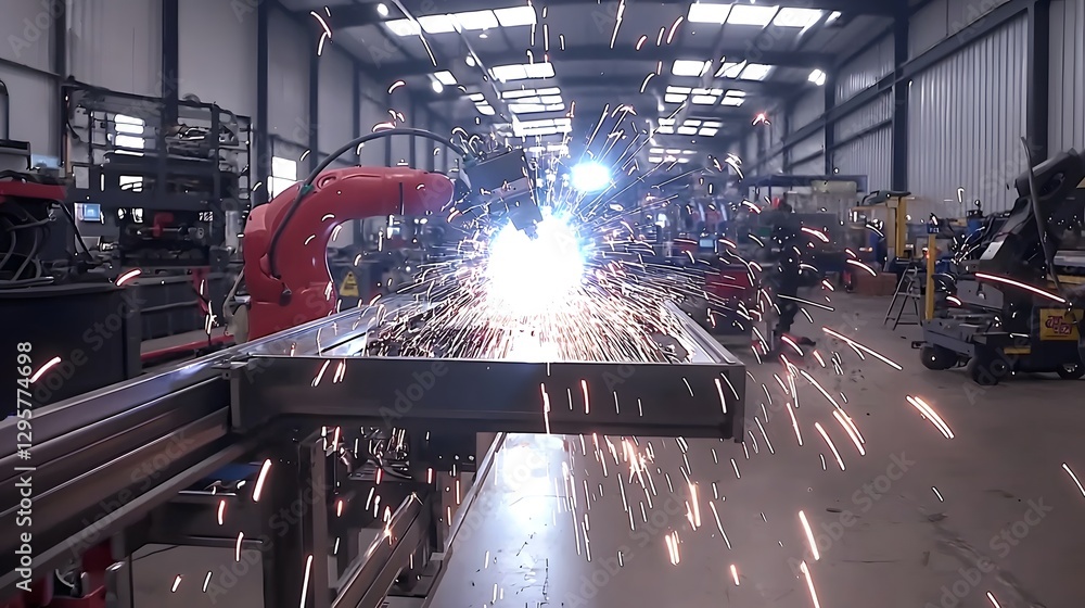 Poster cinematic shot of an automated welding robot in an industrial factory with bright sparks flying in a
