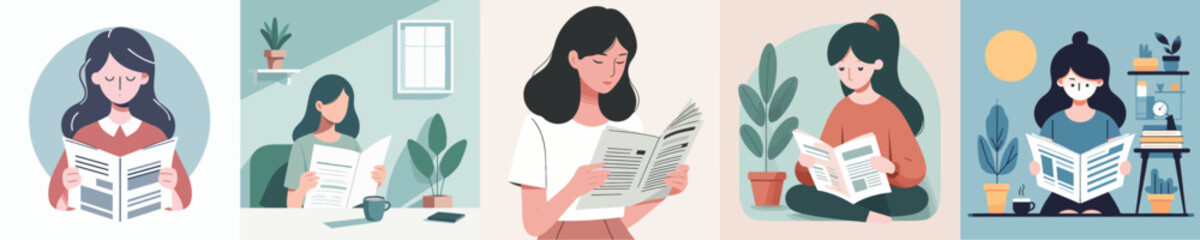 vector character girl reading newspaper