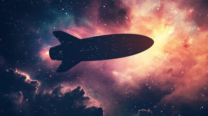 Naklejka premium Silhouette of Rocket in Cosmic Space Background with Stars and Clouds