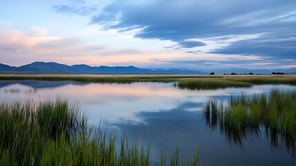 Obraz premium Tranquil scenic view of serene wetlands at sunset with mountains and colorful clouds : Generative AI