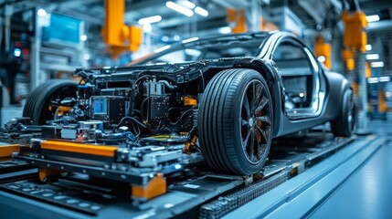 Fototapeta premium Components of an electric vehicle's autonomous driving system are being rigorously tested in a technologically advanced facility, showcasing intricate details and engineering precision