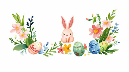Obraz premium Watercolor Easter frame with bunny, flowers, and decorated eggs