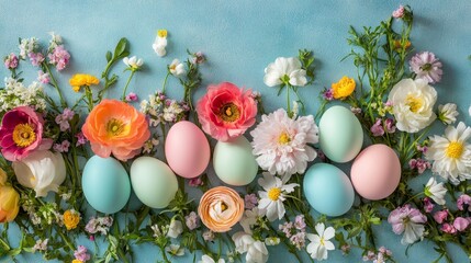 Obraz premium Whimsical Easter Tableau of Vibrant Pastel Eggs and Flowers