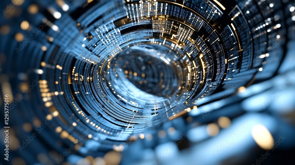 Fototapete Abstract Digital Swirl of Blue and Gold Lights with Futuristic Design Elements for Technology Background : Generative AI