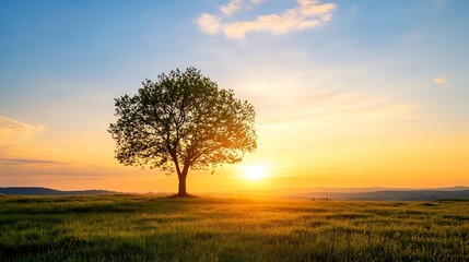 Obraz premium Lonely tree silhouetted against a stunning sunset sky and vibrant horizon in a peaceful landscape : Generative AI