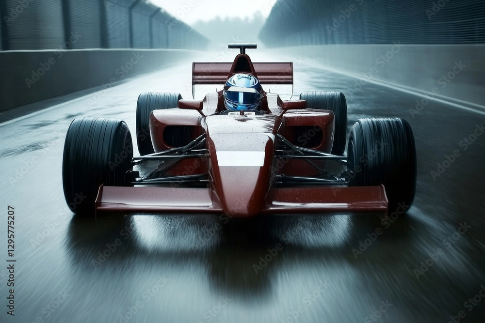 Poster racing car speeding on wet track during a cloudy day with a focused driver at the wheel in a dynamic