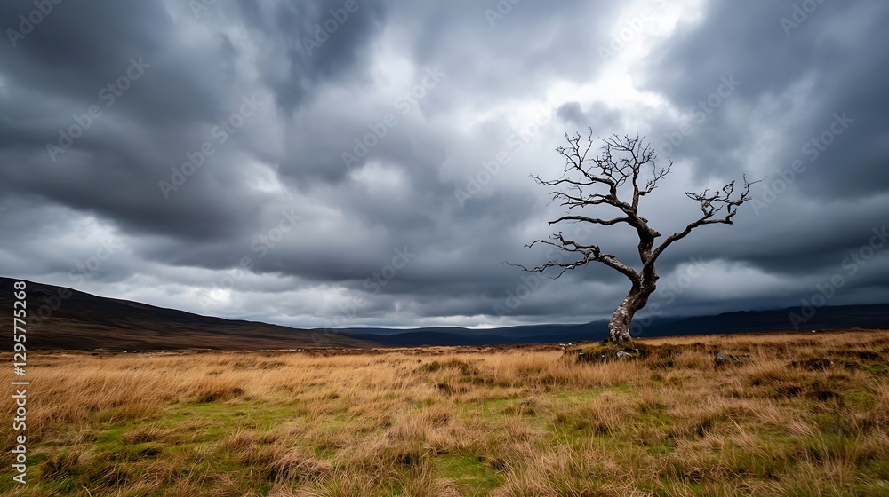 Poster lonely tree in expansive field under dramatic clouds showcasing nature's beauty and tranquility : ge