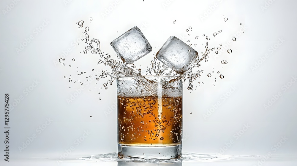 Aufkleber clashing ice cubes causing soda splash with bubbles and liquid motion in a transparent glass dynamic