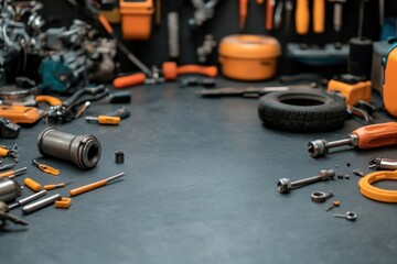 Obraz premium Tools and equipment arranged neatly on a workbench in a well-lit garage