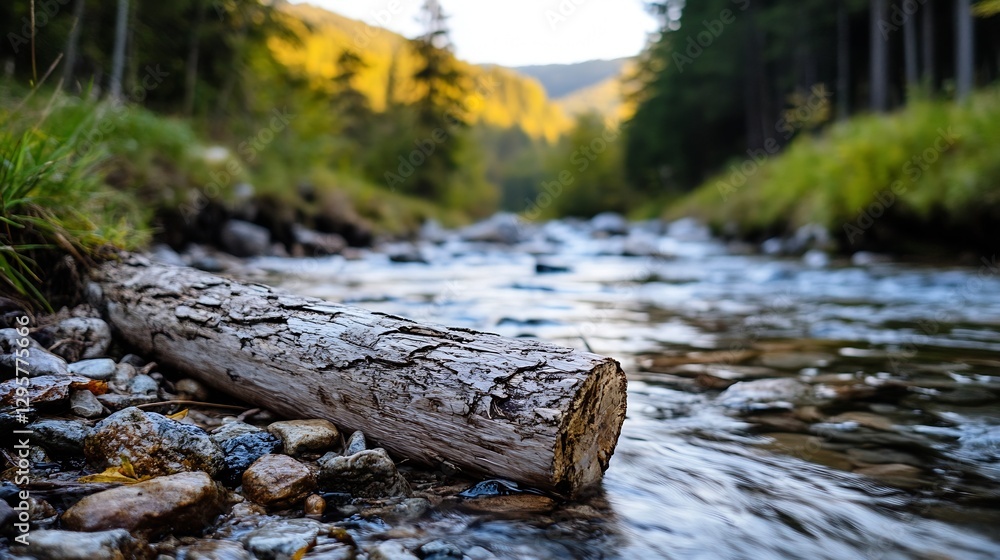 Poster Tranquil Stream Flowing Through a Forest with a Rustic Log and Pebbles in the Water : Generative AI