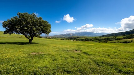Obraz premium Scenic green meadow with a single oak tree under a bright blue sky : Generative AI