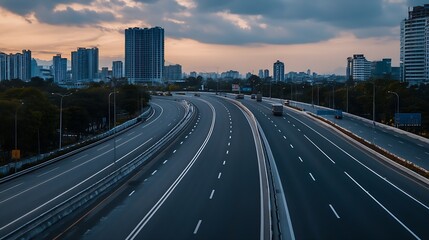 Obraz premium Urban Skyline with Modern Buildings and Highway Under Dramatic Cloudy Sky : Generative AI