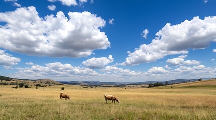 Two Cows Grazing in a Golden Field Beneath a Beautiful Blue Sky : Generative AI