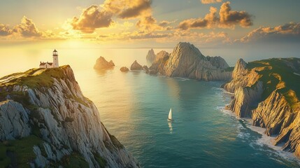 Golden Hour Seascape Lighthouse Cliffs and Sailboat