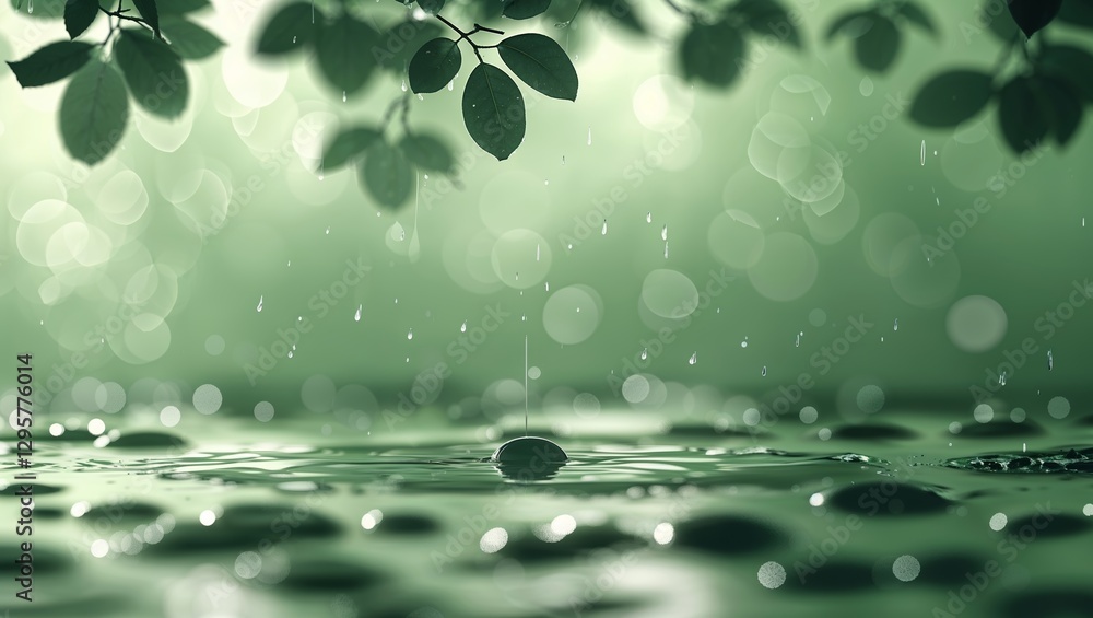 Poster raindrops create ripples on a serene surface under leaves in a tranquil green setting