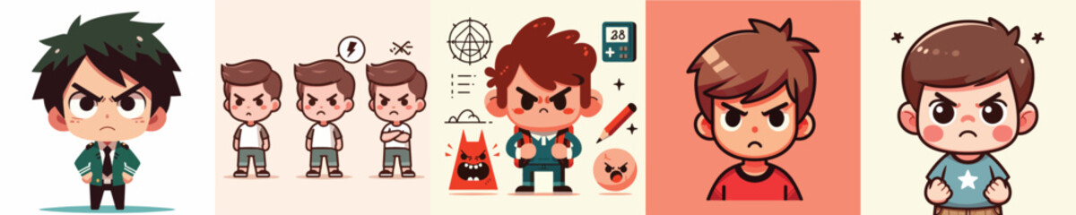 set of angry boy character vectors