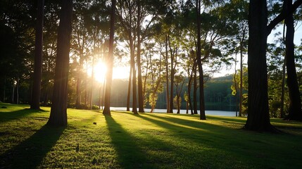Obraz premium Stunning Sunrise Filtering Through Tall Trees in Lush Green Park : Generative AI