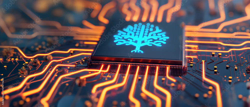 Poster a glowing microchip with intricate circuit patterns, resembling a tree, set against a dark backgroun