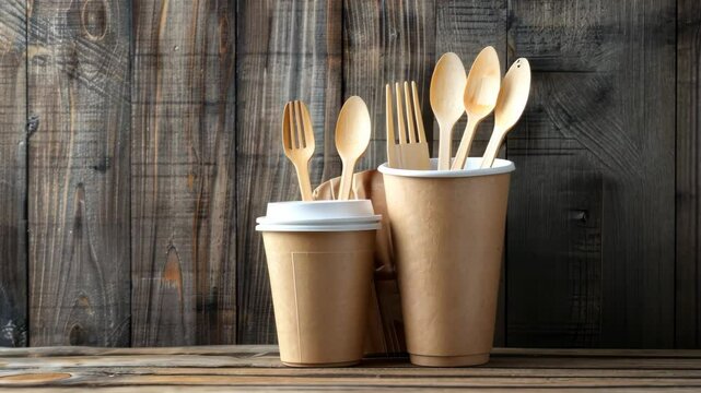 Eco-conscious dining setup featuring compostable cups and wooden utensils arranged on a weathered wooden table