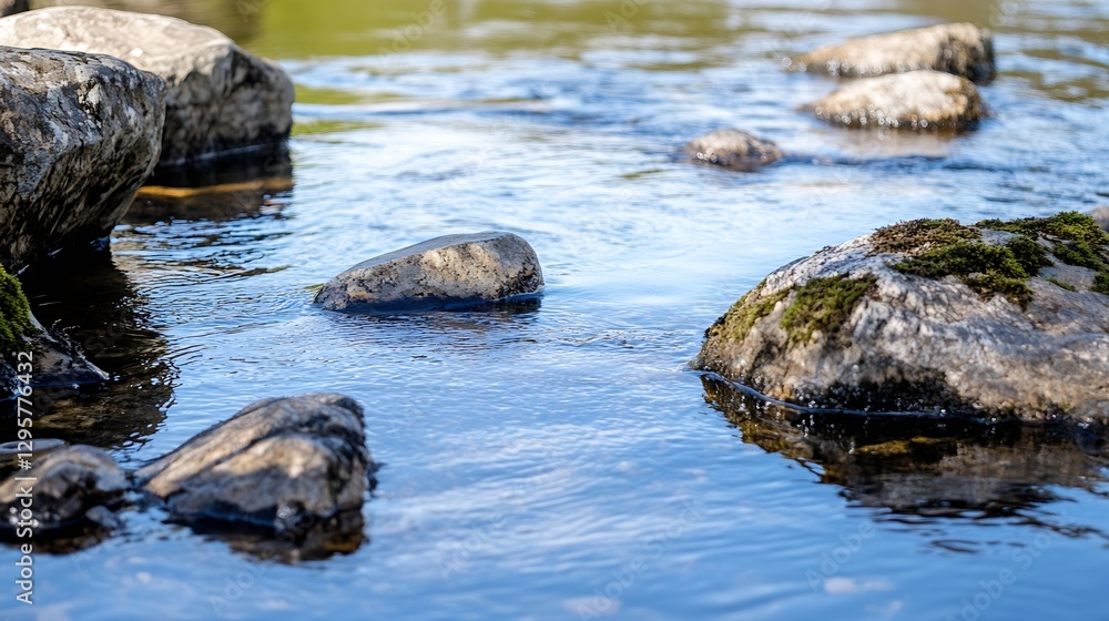Poster crystal clear stream flowing over rocks with moss in nature : generative ai