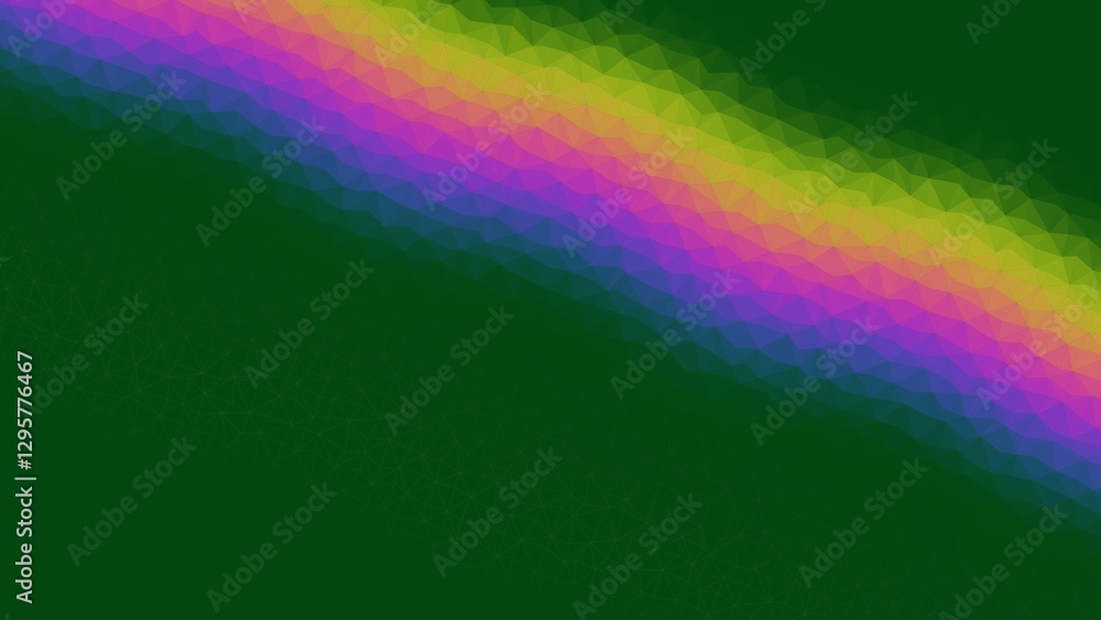 Poster diagonal gradient with rainbow polygons on a deep green background