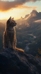 Cat on a Mountaintop: A fluffy orange cat sits majestically on a rocky peak, gazing out at a breathtaking mountain vista at sunset. 
