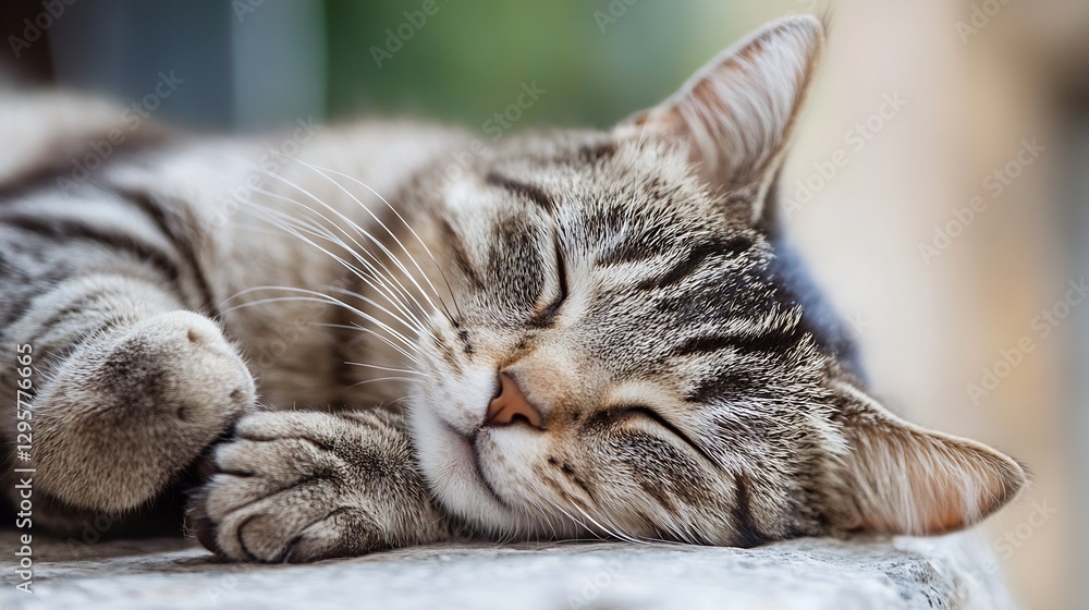 Poster Cute sleeping tabby cat resting peacefully on stone with soft sunlight background : Generative AI