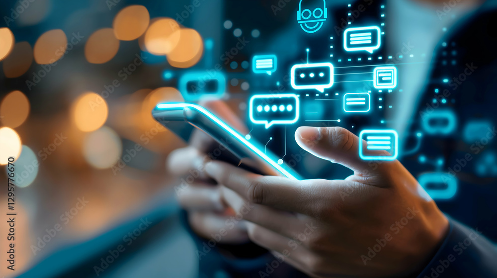Poster a person using a smartphone, with digital chat bubbles and icons floating around, symbolizing commun