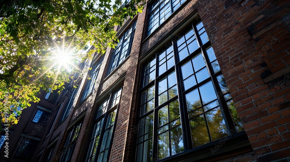 Poster beautiful reflections of sunlight on large windows of a vintage brick building : generative ai