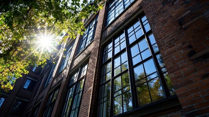 Obraz premium Beautiful Reflections of Sunlight on Large Windows of a Vintage Brick Building : Generative AI