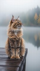 Obraz premium Serene Cat by the Lake: A majestic long-haired cat sits elegantly on a wooden dock, gazing peacefully across a tranquil lake enveloped in a misty atmosphere, creating a scene of captivating serenity.