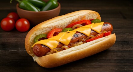 Delicious Grilled Hot Dog with Melted Cheese, Peppers, and Onions