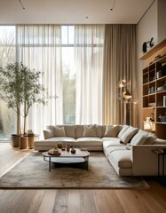 A modern living room with floor-to-ceiling white curtains, soft neutral tones, and a minimal