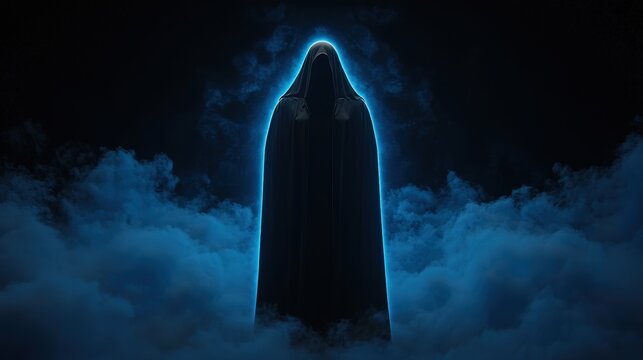 A shrouded figure floats above the dense wispy blue clouds
