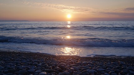 Obraz premium Serene Sunset Over Calm Ocean Waves and Pebbled Beach Creating a Peaceful Coastal Scene : Generative AI