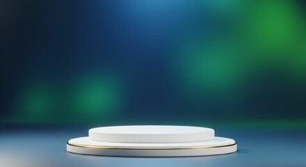Elegant white podium with gold trim against a blurred green and blue background.