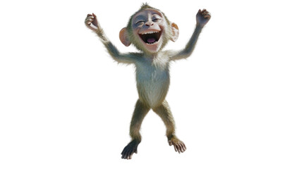 joyful and exuberant monkey character with big smile, celebrating with raised arms. This playful creature embodies happiness and fun in vibrant, animated style