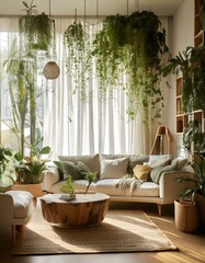 A nature-inspired living room with hanging greenery, white curtains, and natural wooden furniture