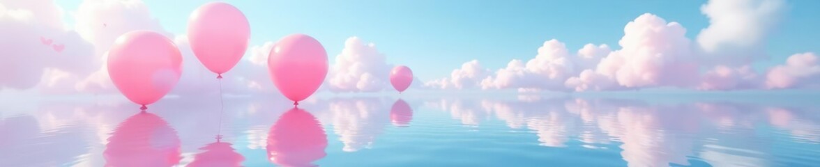 Fototapeta premium Gentle pink balloons float above a serene blue sky, their reflections rippling on the surface of a lake, Gentle, Pink Balloons