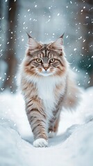 Majestic Maine Coon in Winter Wonderland: A beautiful Maine Coon cat gracefully walks through a snowy landscape, its thick fur contrasting with the cold environment.