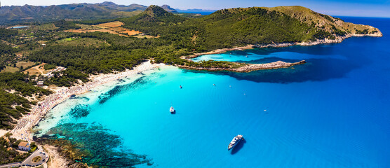 Mallorca (Majorca) island best scenic beaches -  Agulla with crystal turquoise sea. aerial drone panoramic view. Spain, Balearic islands