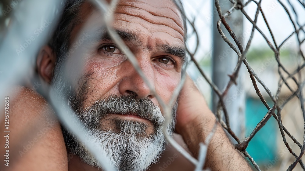 Aufkleber emotionally charged portrait of a thoughtful man behind a chain link fence expressing sadness : gene